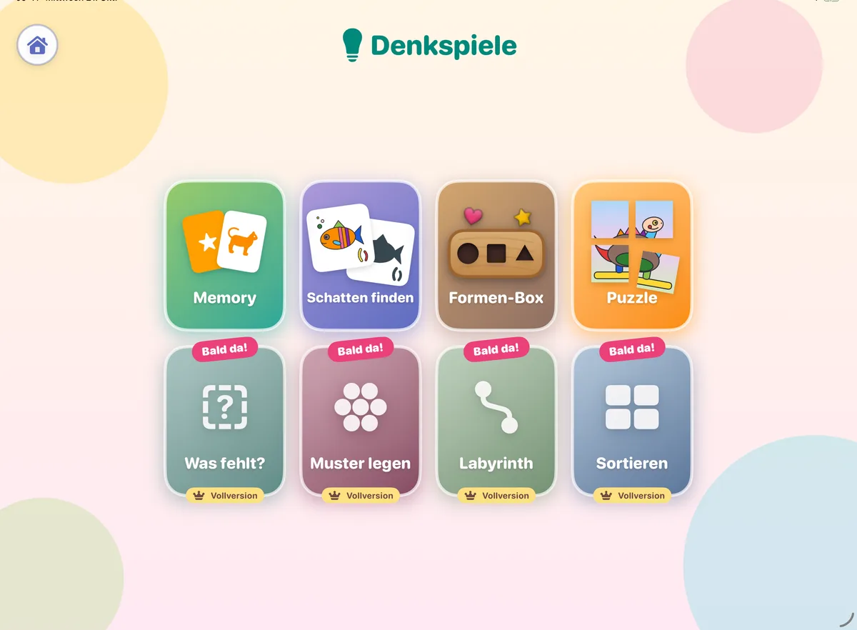 Die Denkspiele Memory, Schatten finden, Formen-Box und Puzzle